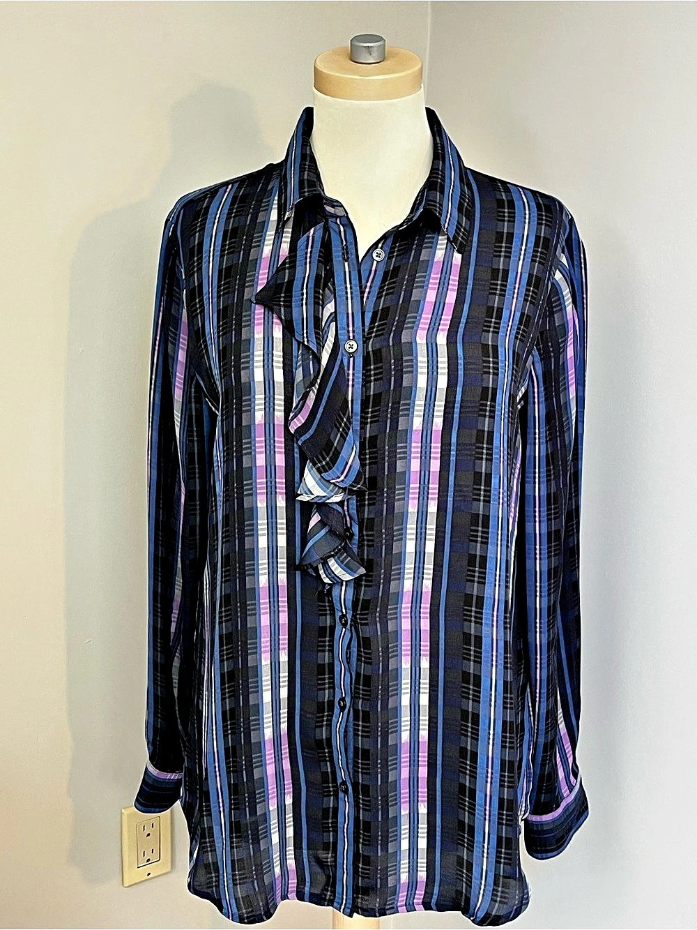 Banana Republic Dillon Shirt Plaid Ruffle Shirt in Black & Blue Size Medium